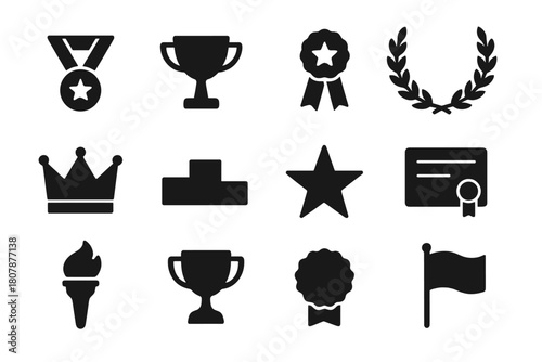 Gold Award Icons. Gold Award. Solid icon set of Gold Award: medal, trophy, ribbon, laurel wreath, crown, podium, star, certificate, torch, trophy cup, badge,