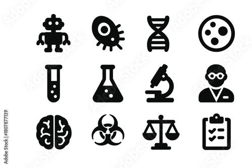 Artificial Life Icons. Artificial Life. Solid icon set of Artificial Life: robot, artificial cell, DNA strand, petri dish, test tube, lab flask, microscope,