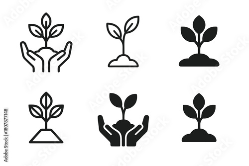 Reforestation Logos Collection. Reforestation efforts and tree planting. Icon set. Set Logo of Reforestation efforts and tree planting: Tree sapling.