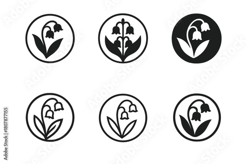 Lily Logo Variations. Lily of the Valley. Icon set. Set Logo of Lily of the Valley: blooming stem in circular frame. harmonious logo variations of the same