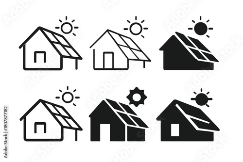 Solar Roofing Icons. Solar roofing systems. Icon set. Set Logo of solar roofing systems: installer hand with wrench over panel. harmonious logo variations of
