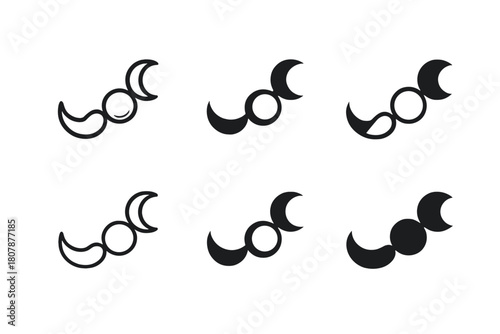 Moon Phases Icons. Moon phases. Icon set. Set Logo of moon phases: telescope viewing path trailing through phases. harmonious logo variations of the same