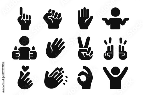 Expressive Gesture Icons. Expressive gestures. Solid icon set of Expressive gestures: pointing up, fist bump, open palm, shrug, double thumbs up, waving hand,