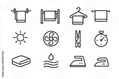Towel Drying Icons. Towel drying methods. Line icon set of towel drying methods: clothesline, towel rack, hanger, drying rod, tumble dryer, sun icon, airflow