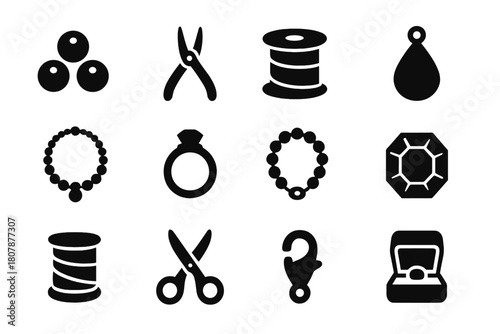 Jewelry Making Icons. Jewelry making. Line icon set of jewelry making: bead string, clasp, pliers, chain, wire coil, gemstone, charm, earring hook, pendant,