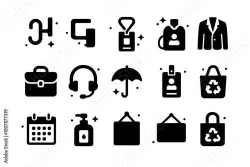 Office Hooks Icon Set. Office coat and bag hooks. Solid icons set of Office coat and bag hooks: cubicle hook, desk side hook, conference badge lanyard, blazer,