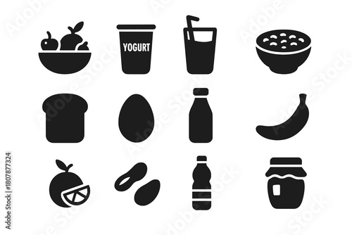Healthy Breakfast Icons. Healthy breakfast. Line icon set of healthy breakfast: oatmeal bowl, apple, banana, honey jar, milk, toast, yogurt, spoon, orange