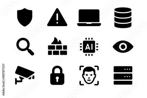 Cybersecurity Icon Set. Cybercrime prevention. Solid icon set of Cybercrime prevention: police shield, computer screen, hacker mask, firewall, password pad,