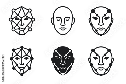 Facial Recognition Logos. Facial recognition. Icon set. Set Logo of facial recognition: camera lens with face aperture motif. harmonious logo variations of the