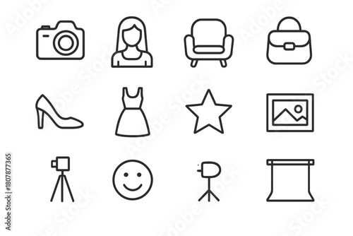 Lifestyle Icon Set. Lifestyle Photography. Line icon set of Lifestyle Photography: camera, model, chair, bag, shoe, dress, light, star, photo frame, tripod,