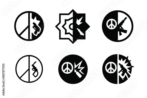 Peace and Chaos Logos. War. Icon set. Set Logo of War: contrasting halves ? peace and chaos symbol. harmonious logo variations of the same emblematic concept,