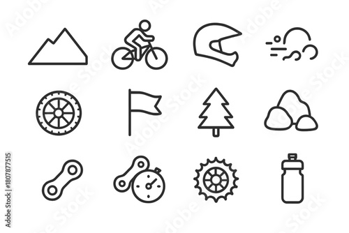 Downhill Biking Icons. Downhill biking. Line icon set of downhill biking: mountain slope, biker, helmet, dust trail, tire, flag, tree, rocks, chain, gear,