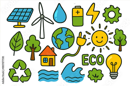 Colorful Renewable Energy Icons. Renewable Energy. Colorful Hand-drawn doodle Children illustration Renewable Energy solar panel, wind turbine, water droplet,