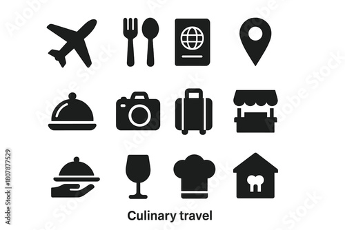 Culinary Travel Icons. Culinary travel. Solid icon set of Culinary travel: airplane, fork and spoon, passport, map pin, dish cover, camera, suitcase, market