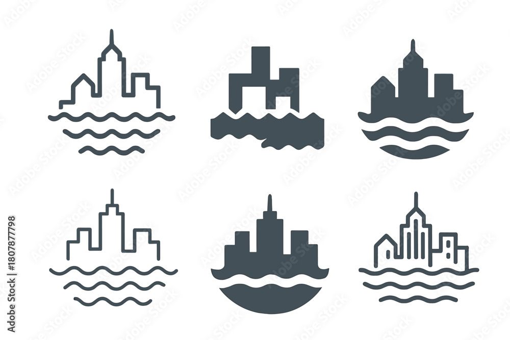 Obraz premium Flooded City Logos. Flooded cities. Icon set. Set Logo of Flooded Cities: cityscape reflection distorted by rising water. harmonious logo variations of the