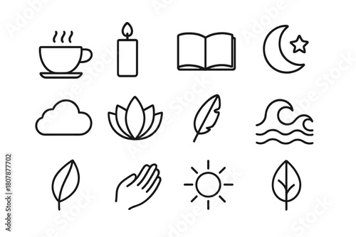 Calm Icons Collection. Calm moments. Line icon set of calm moments: cup of tea, candle, book, moon, star, cloud, lotus flower, feather, wave, leaf, hand, sun.