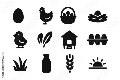 Egg Production Icons. Egg Production. Solid icon set of Egg Production: egg, hen, basket, nest, chick, feathers, coop, carton, grass, milk bottle, wheat stalk,