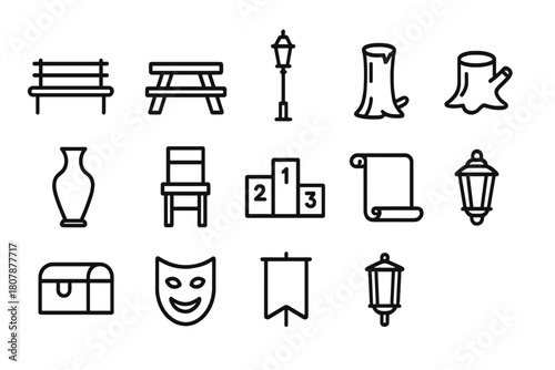 Outdoor Play Icons. Outdoor play. Line icon set of outdoor play: children running, ball, tree, kite, jump rope, bicycle, sun, cloud, flower, park bench, water