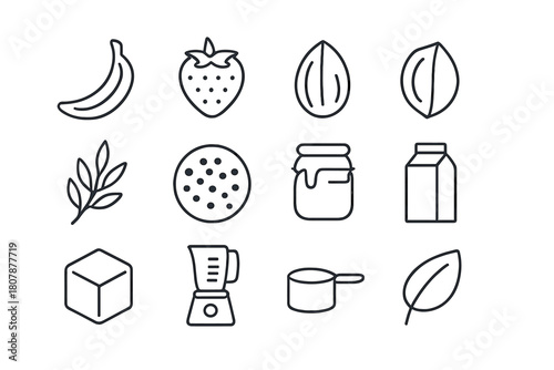 Essential Shake Ingredients Icons. Shake ingredients. Line icon set of shake ingredients: banana, strawberry, almond, cocoa bean, oats, chia seed, honey jar,