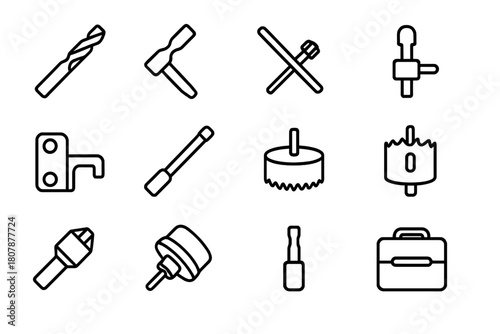 Drill Icon Set. Drill accessories. Line icon set of Drill accessories: drill bit, screwdriver bit, chuck key, depth stop, drill guide, extension bit, sanding