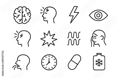 Migraine Health Icons. Migraine health. Line icon set of Migraine health: brain, head with pain, lightning bolt, eye, headache symbol, pulsating waves, hand on