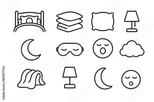 Cozy Sleep Icon Set. Soft, Fluffy Pillows Surrounding Someone in Bed. Line icon set of Soft, Fluffy Pillows Surrounding Someone in Bed: bed frame, headboard,
