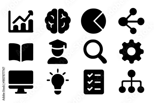 Learning Analytics Icons. Learning analytics. Line icon set of learning analytics: bar chart, pie chart, scorecard, timeline, heatmap, progress arrow, average