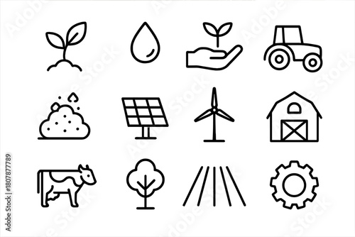 Sustainable Farming Icons. Sustainable farming. Icon set. Set Logo of Sustainable farming: Tractor in field. harmonious logo variations of the same emblematic