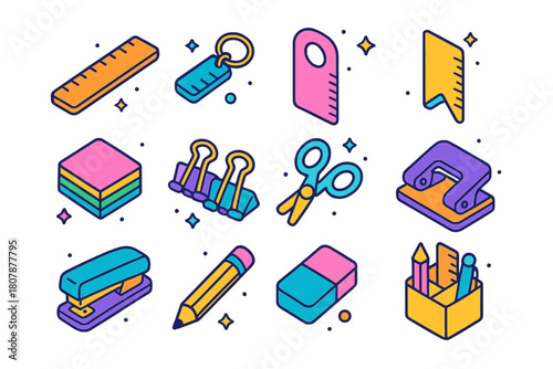 Colorful Office Stationery Icons. Office stationery measuring. Colorful isometric vector icons set of Office stationery measuring: desk ruler, mini ruler
