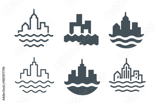 Flooded City Logos. Flooded cities. Icon set. Set Logo of Flooded Cities: cityscape reflection distorted by rising water. harmonious logo variations of the