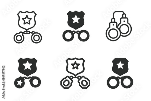 Arrest Scene Logos. Person Arrested on Suspicion of Crime. Icon set. Set Logo of Arrest Scene: police car and flashing lights. harmonious logo variations of