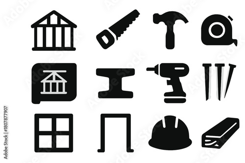 House Framing Icons. House framing. Solid icon set of house framing: wood studs, saw, hammer, measuring tape, blueprint, beam, drill, nails, window frame, door