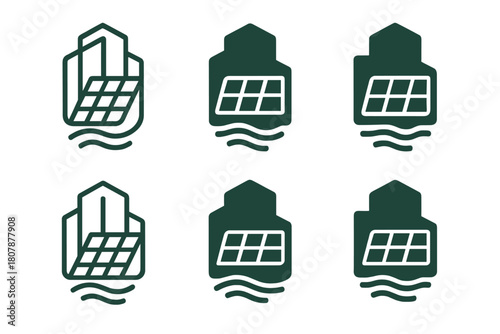 Sustainable Building Icons. Energy-efficient buildings. Icon set. Set Logo of energy-efficient buildings: modern architectural structure symbolizing