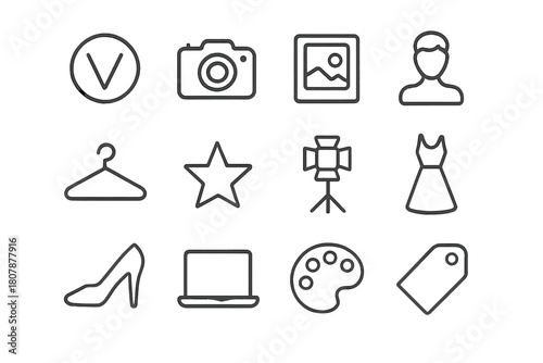 Visual Branding Icons. Visual Branding. Line icon set of Visual Branding: logo, camera, photo frame, model, hanger, star, light, dress, shoe, laptop, palette,