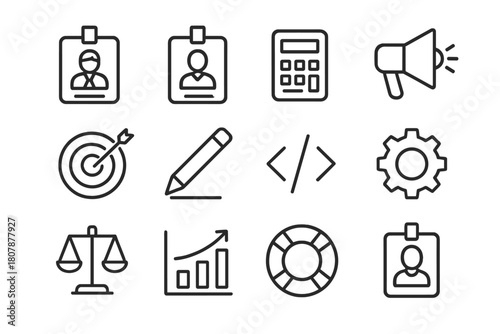 Professional Role Icons. Professional roles and departments. Line icon set of professional roles and departments: manager badge, HR badge, finance calculator,