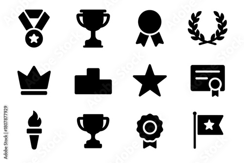 Gold Award Icons. Gold Award. Solid icon set of Gold Award: medal, trophy, ribbon, laurel wreath, crown, podium, star, certificate, torch, trophy cup, badge,