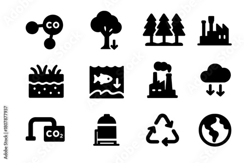 Carbon Sequestration Icons. Carbon sequestration. Solid icon set of Carbon sequestration: CO2 molecule, tree absorbing carbon, forest canopy, soil carbon