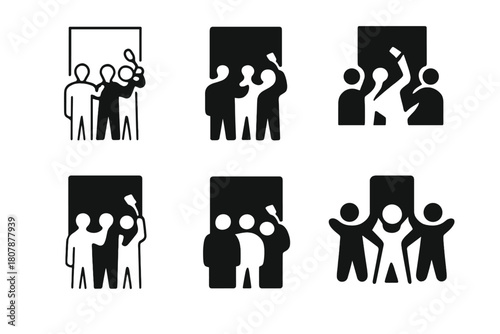 Artists Collaboration Icons. A group of artists working together on a large community mural project. Icon set. Set Logo of Artists Collaboration: People