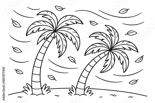 Windy Palm Coloring Page. Windy palm day children?s coloring book illustration, outlined drawing, palm trees bending gently in the breeze with curved motion