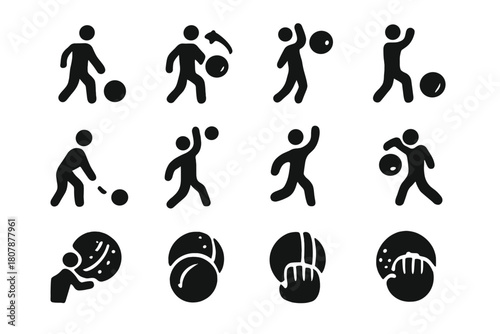 Bowling Techniques Icons. Bowling Types. Solid icon set of Bowling Types: pace ball, outswing, inswing, yorker, bouncer, slower ball, off spin, leg spin,