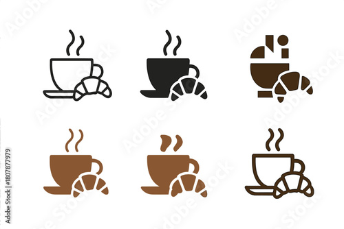 Coffee and Pastries Icons. Coffee and pastries. Solid icon set of coffee and pastries: coffee cup, croissant, donut, muffin, cookie, teapot, spoon, plate,