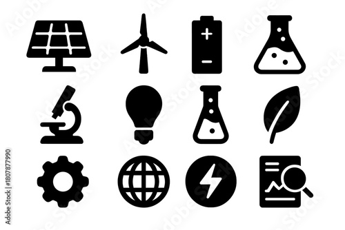 Renewable Icons Set. Renewable innovation. Solid icon set of Renewable innovation: solar panel, wind turbine, battery, lab flask, microscope, lightbulb, test