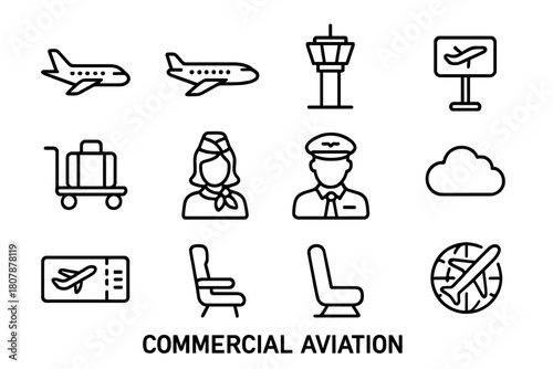 Commercial Aviation Icons. Commercial aviation. Line icon set of commercial aviation: jet plane, airliner, control tower, boarding gate, luggage