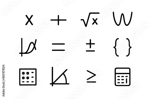 Algebra Icons Grid. Algebra formulas. Line icon set of algebra formulas: variable x, equation line, square root, polynomial curve, function graph, equals sign,