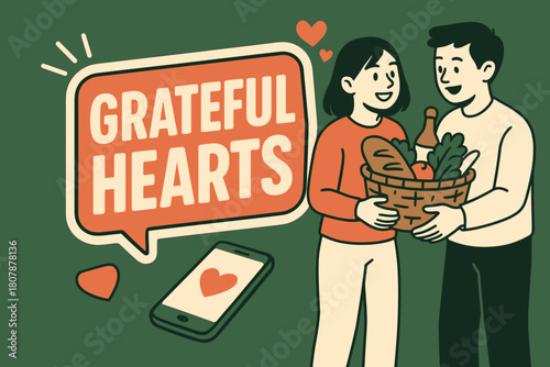 Grateful Hearts Banner. Grateful Hearts banner, flat vector illustration, bold oversized text inside sticker outline banner, cartoon characters standing and