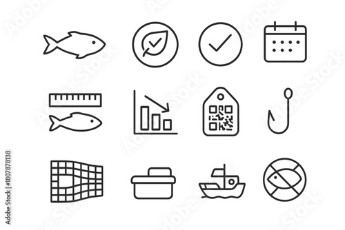 Sustainable Seafood Icons. Sustainable Seafood. Line icon set of Sustainable Seafood: fish silhouette, sustainable badge, certification badge, seasonal