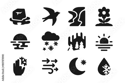 Seasonal Icon Set. Seasonal Changes. Solid icon set of Seasonal Changes: thawing ice, migrating bird, melting stream, early bloom, frozen sunset, snowstorm,
