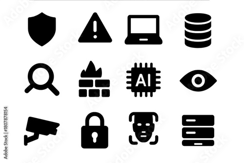 Cybersecurity Icon Set. Cybercrime prevention. Solid icon set of Cybercrime prevention: police shield, computer screen, hacker mask, firewall, password pad,