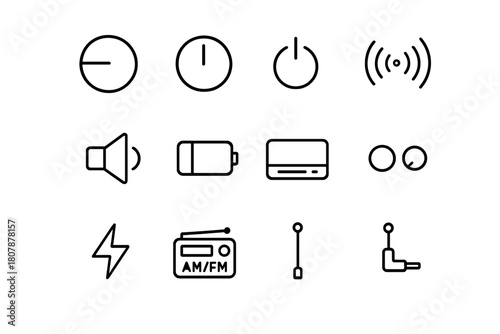 Radio Control Icons. Radio control. Line icon set of radio control: tuning knob, volume dial, power button, signal waves, AM/FM radio, antenna, speaker,