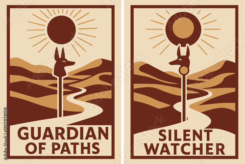 Desert Guardian Banners. Desert Vigil. Two vertical A6 banners with safe margins, centered composition, no elements touching edges, modern, maroon and beige,